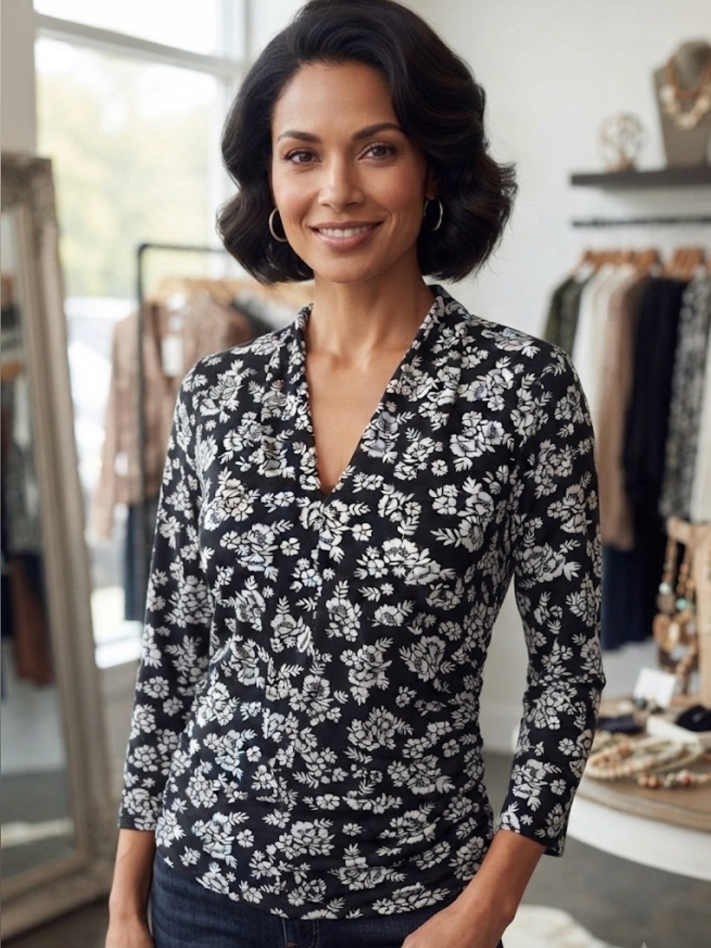 Vince Camuto Black White Floral V-Neck Pullover Top Blouse Size S
